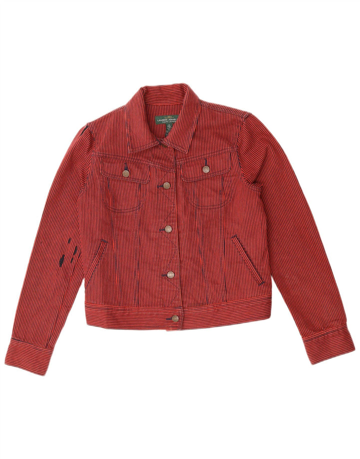 RALPH LAUREN Giacca in denim corto da donna UK 14 Cotone gessato rosso medio