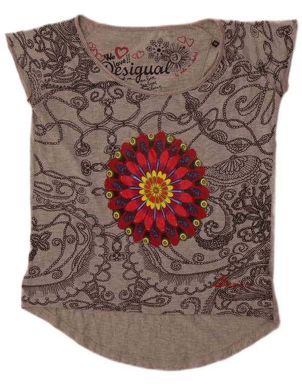 Desigual Womens Oversized Graphic T-Shirt Top UK 6 XS Grey Floral Cotton