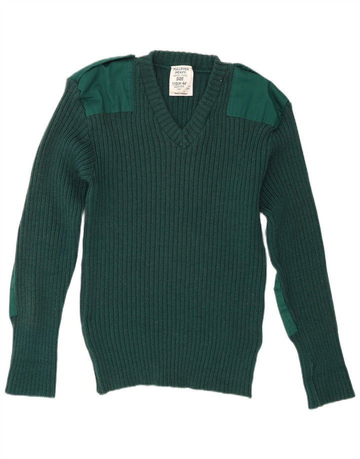 Maglione militare vintage da uomo con scollo a V in lana vergine verde medio