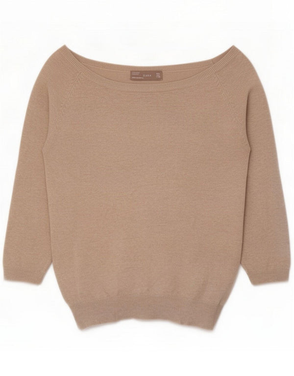 Zara maglione da donna con maniche a 3/4 e spalle scoperte UK 14 Large Beige Cotton
