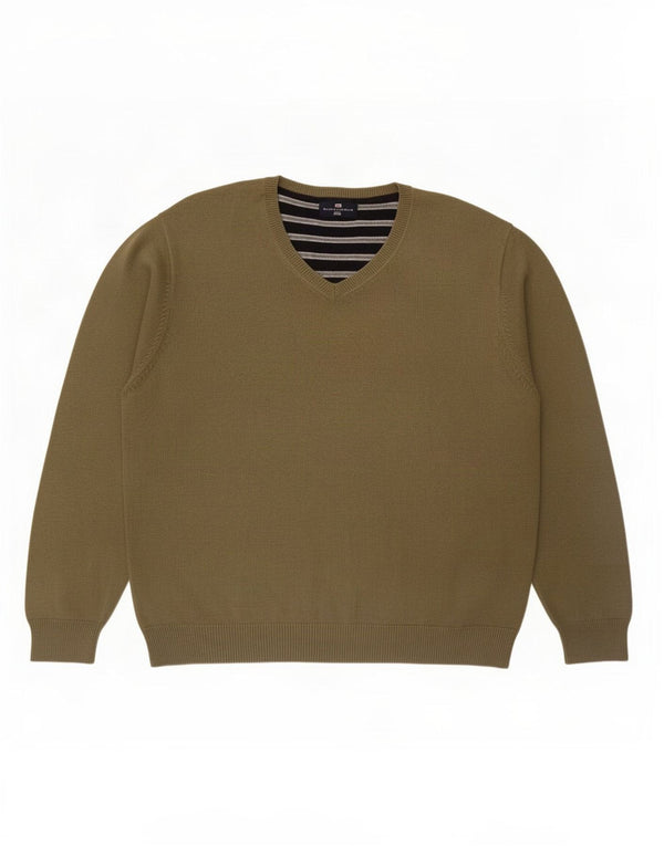 Marks & Spencer Mens Blue Harbour V-Neck Jumper Sweater XL Khaki Cotton