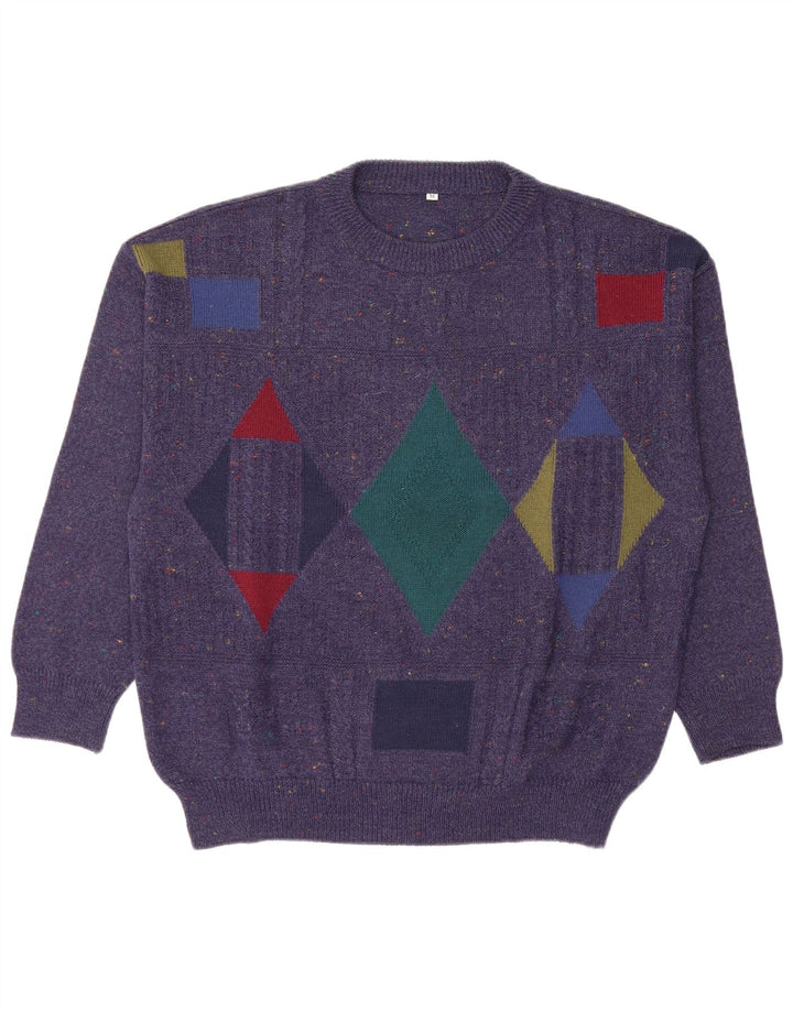Maglione girocollo da uomo vintage in lana geometrica blu navy medio