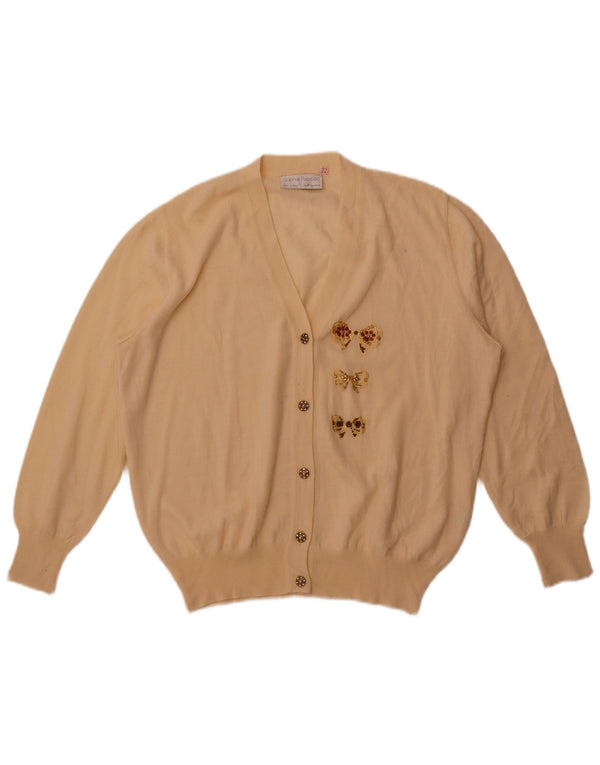 Maglione cardigan da donna vintage UK 22 2XL lana merino bianco sporco