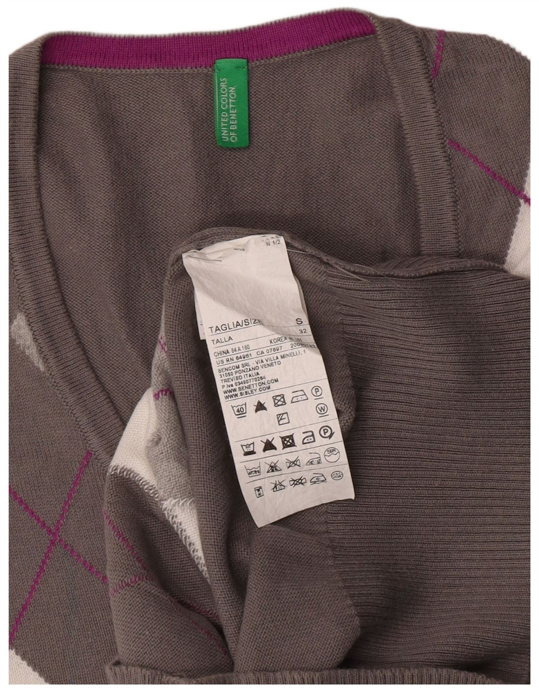 Maglione da donna con scollo a V Benetton UK 10 Small Grey Argyle/Diamond