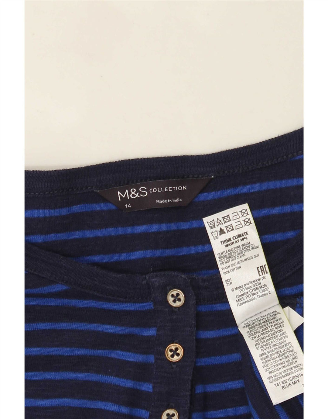 Marks & Spencer Top da donna a maniche lunghe UK 14 Medium Navy Blue Striped