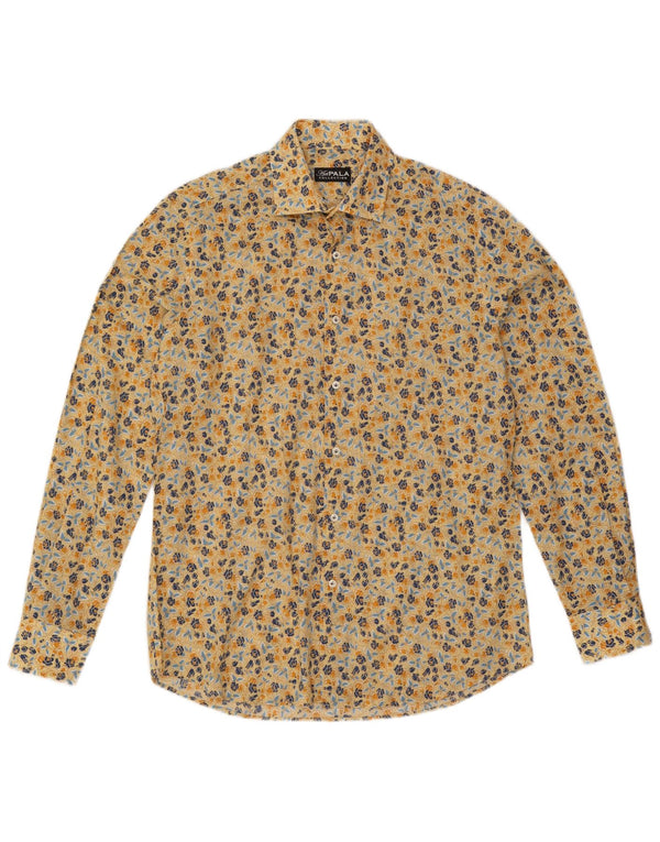 Camicia da uomo vintage bohémien in cotone floreale giallo medio