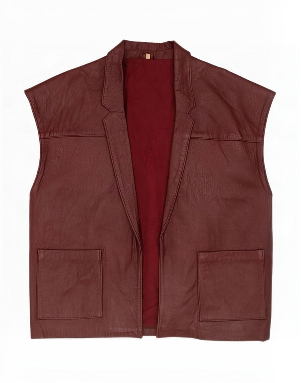 Gilet aperto oversize da donna vintage in pelle UK 10 piccolo marrone