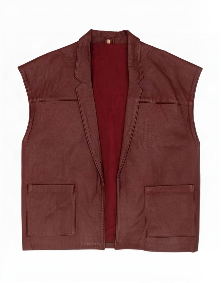 Gilet aperto oversize da donna vintage in pelle UK 10 piccolo marrone