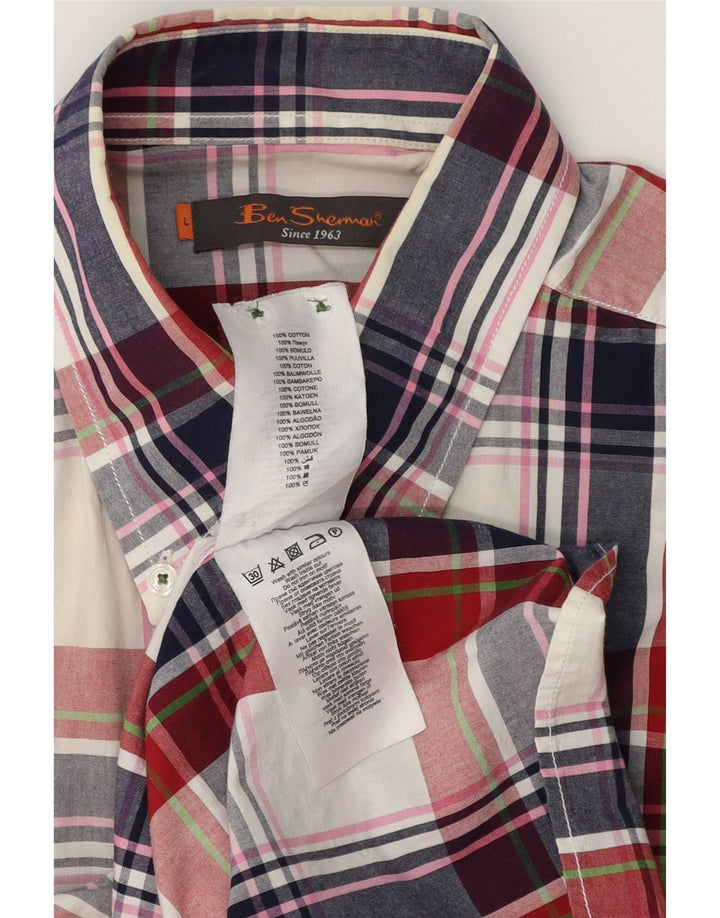 BEN SHERMAN Camicia a maniche corte da uomo in cotone a quadri multicolore grande
