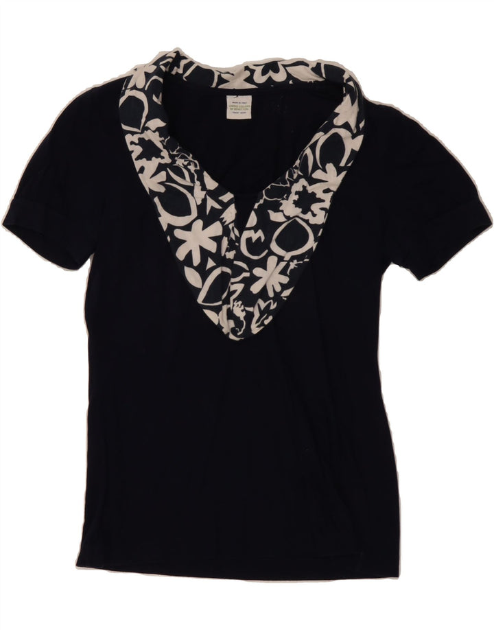 BENETTON Womens Blouse Top UK 12 Medium Navy Blue Floral Cotton Vintage Benetton and Second-Hand Benetton from Messina Hembry 