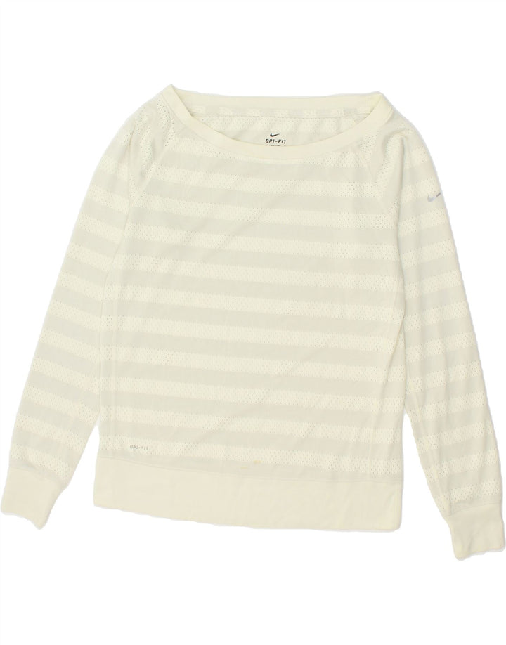NIKE Womens Dri Fit Sweatshirt Jumper UK 14 Medium White Striped Vintage Nike and Second-Hand Nike from Messina Hembry 