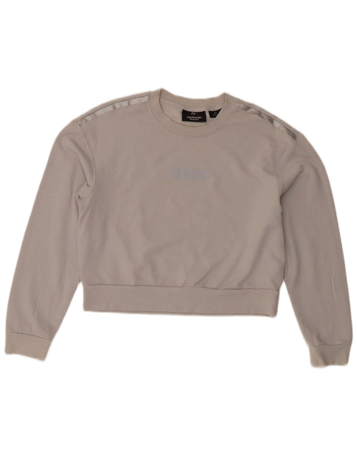 Calvin Klein Donna Crop Graphic Felpa Maglione UK 14 Cotone grigio medio