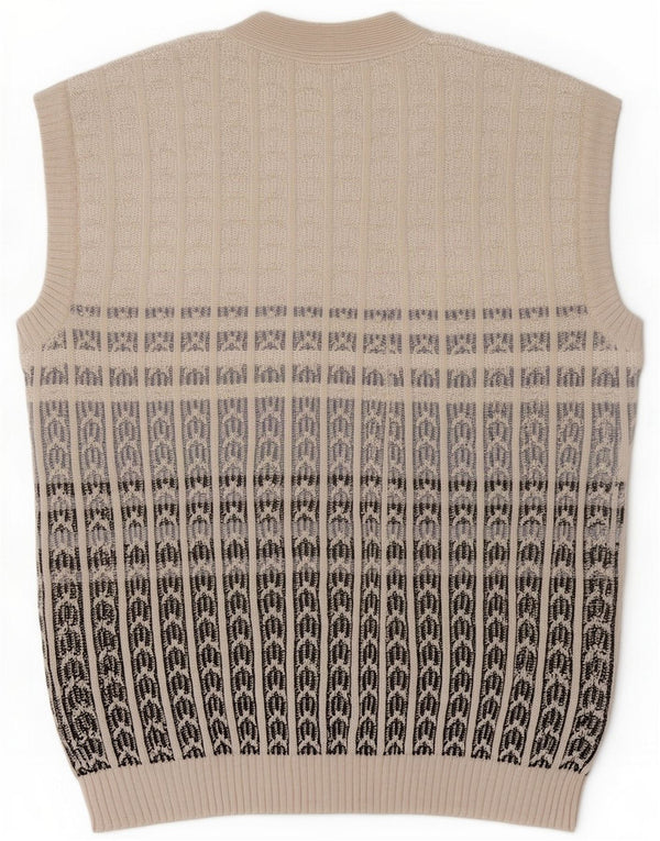 Vintage Mens Sleeveless Cardigan Sweater Medium Grey Geometric Polyacrylic