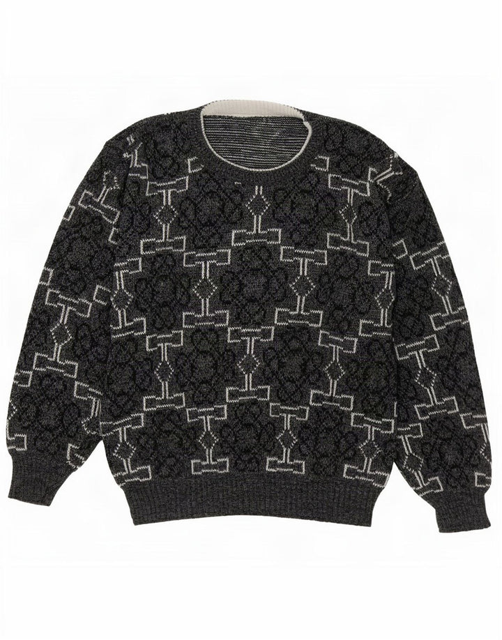 Maglione maglione girocollo da uomo vintage grigio medio geometrico