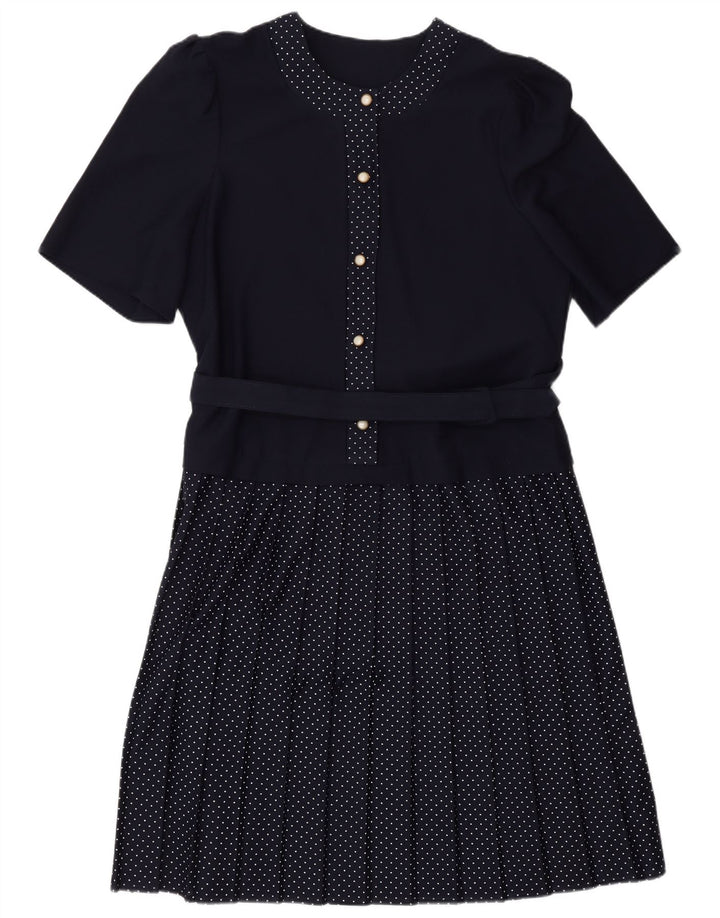 Abito a trapezio da donna VINTAGE UK 16 Grande poliestere maculato blu navy