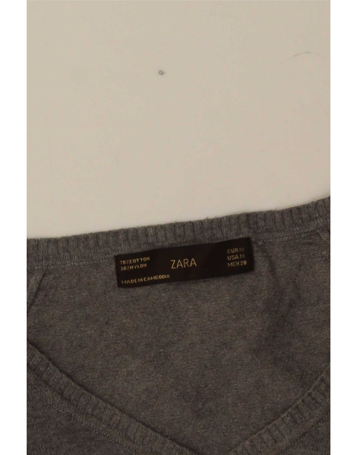 Maglione corto con scollo a V da donna Zara UK 12 Cotone grigio medio
