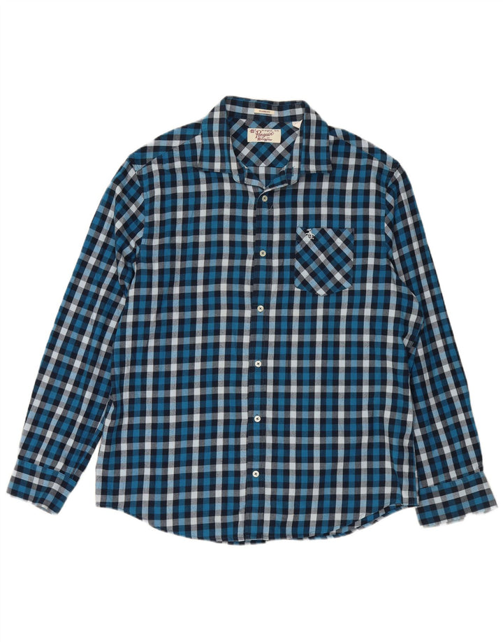 PENGUIN Mens Classic Fit Flannel Shirt XL Blue Check Cotton