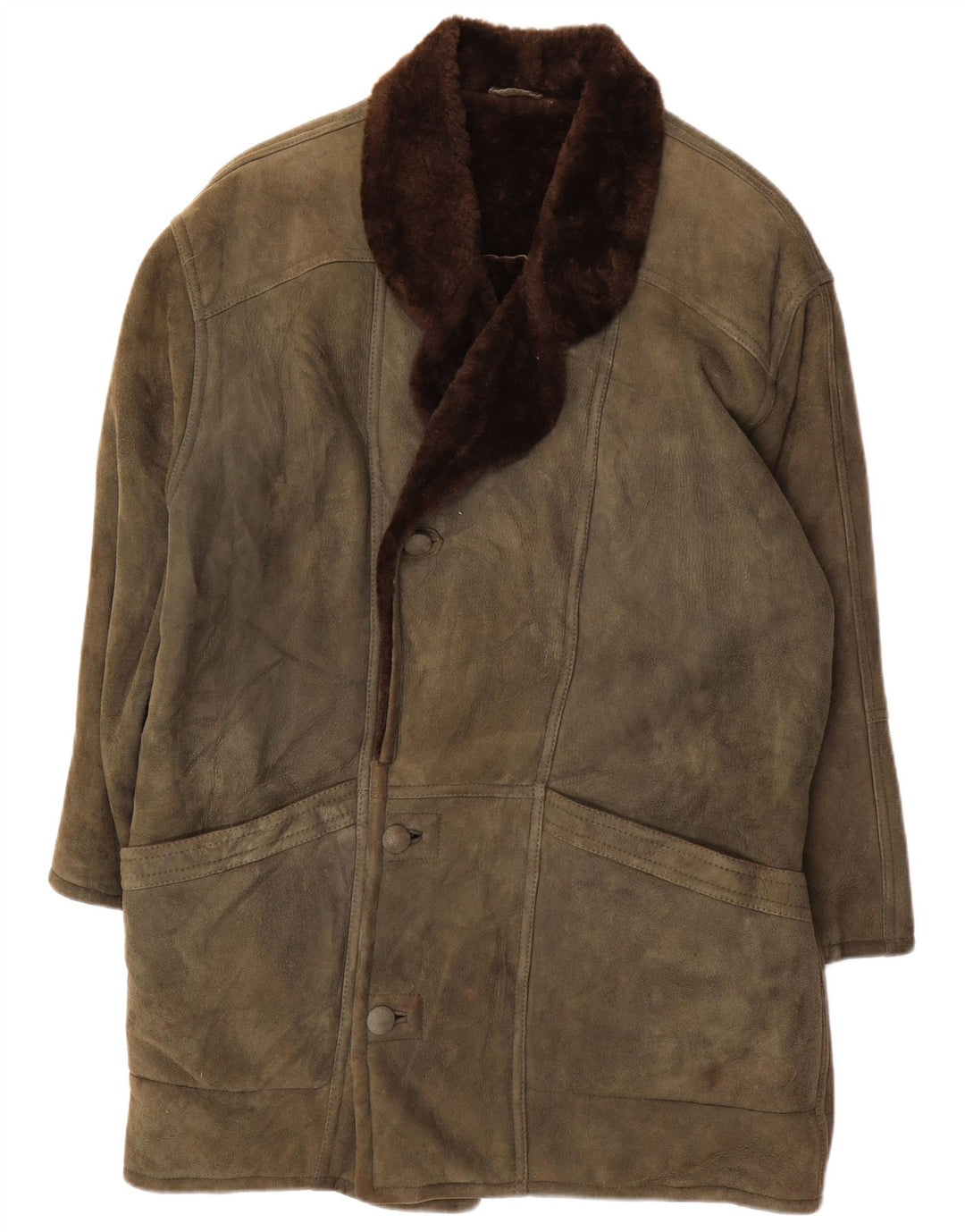 Soprabito in shearling da uomo dal taglio ampio VINTAGE UK 36 piccolo kaki