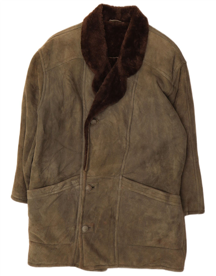 Soprabito in shearling da uomo dal taglio ampio VINTAGE UK 36 piccolo kaki