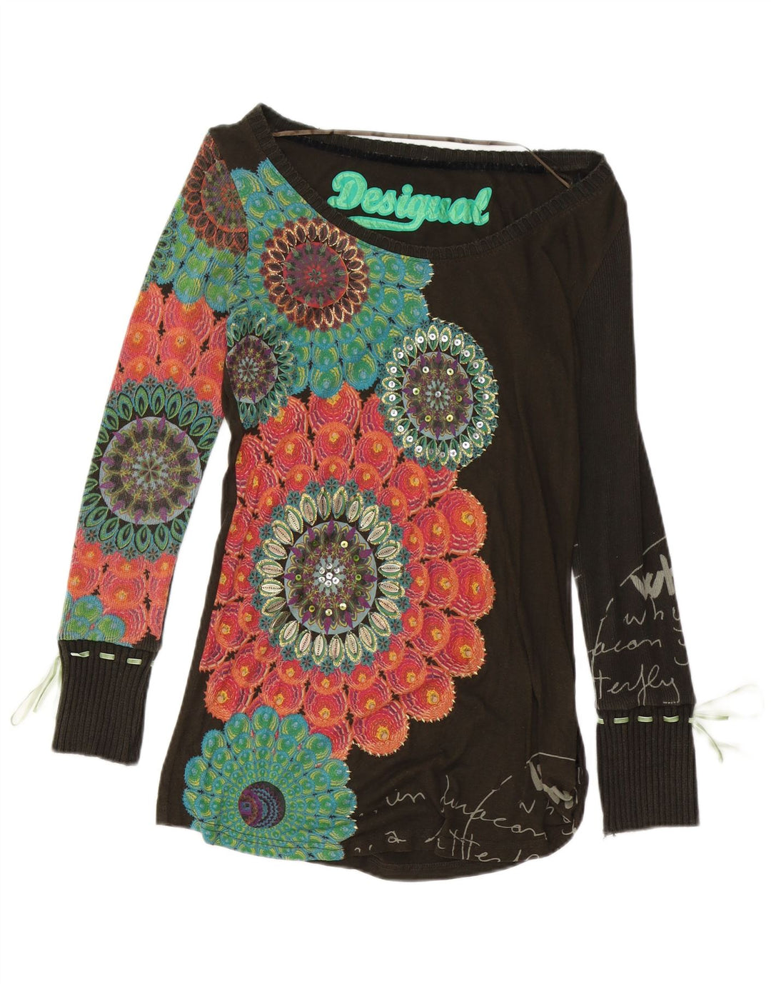 DESIGUAL Top grafico da donna manica lunga UK 10 piccolo cotone floreale marrone