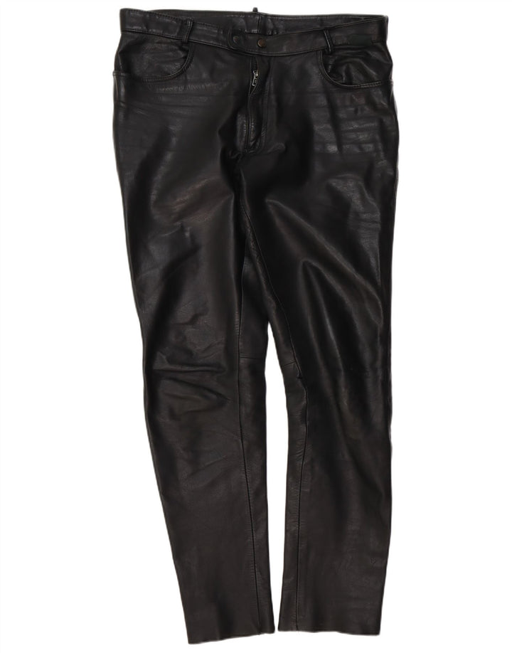 Pantaloni slim in pelle vintage da uomo W37 L34 in pelle nera