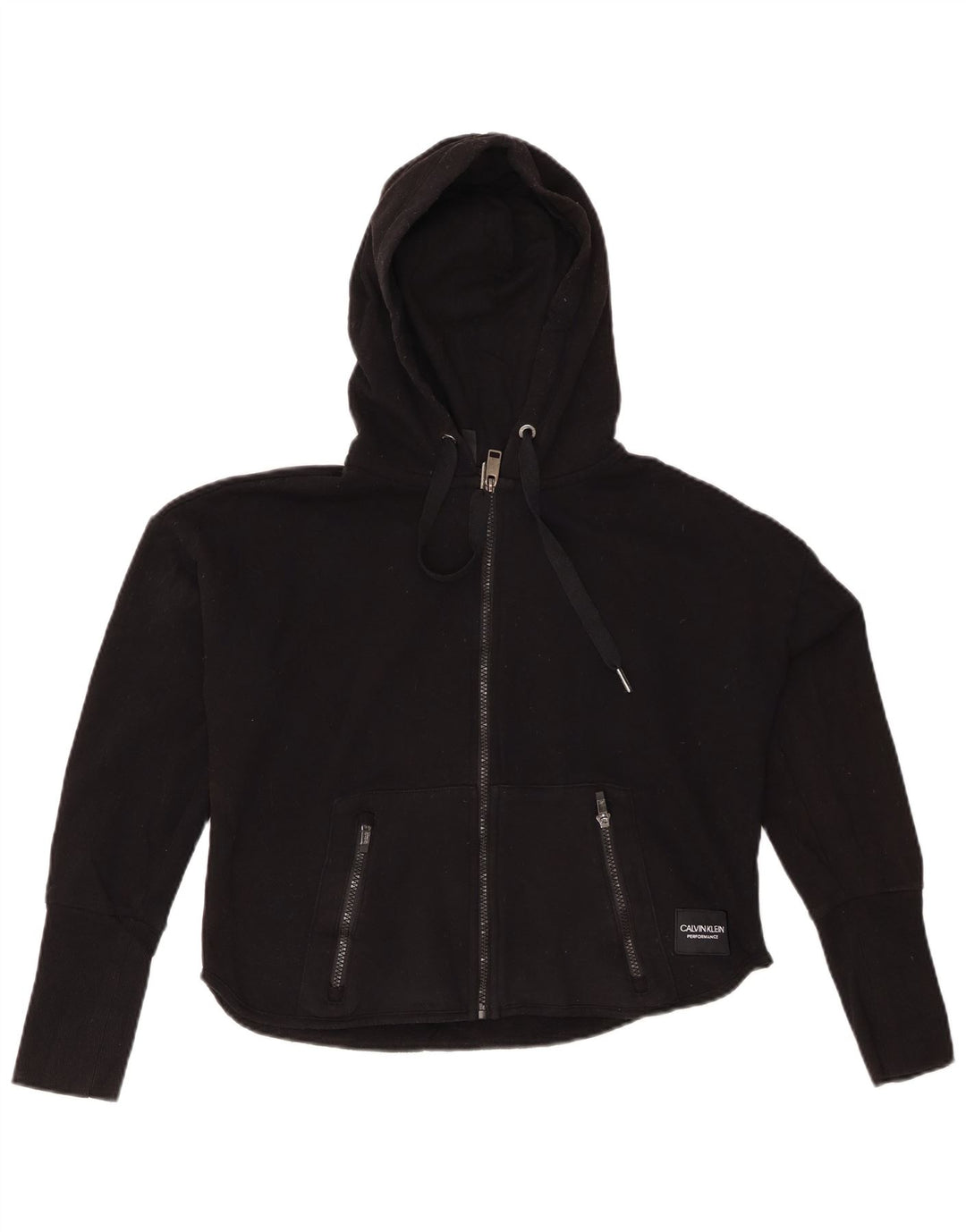 CALVIN KLEIN Maglione con cappuccio e zip grafica oversize da donna UK 10 piccolo nero