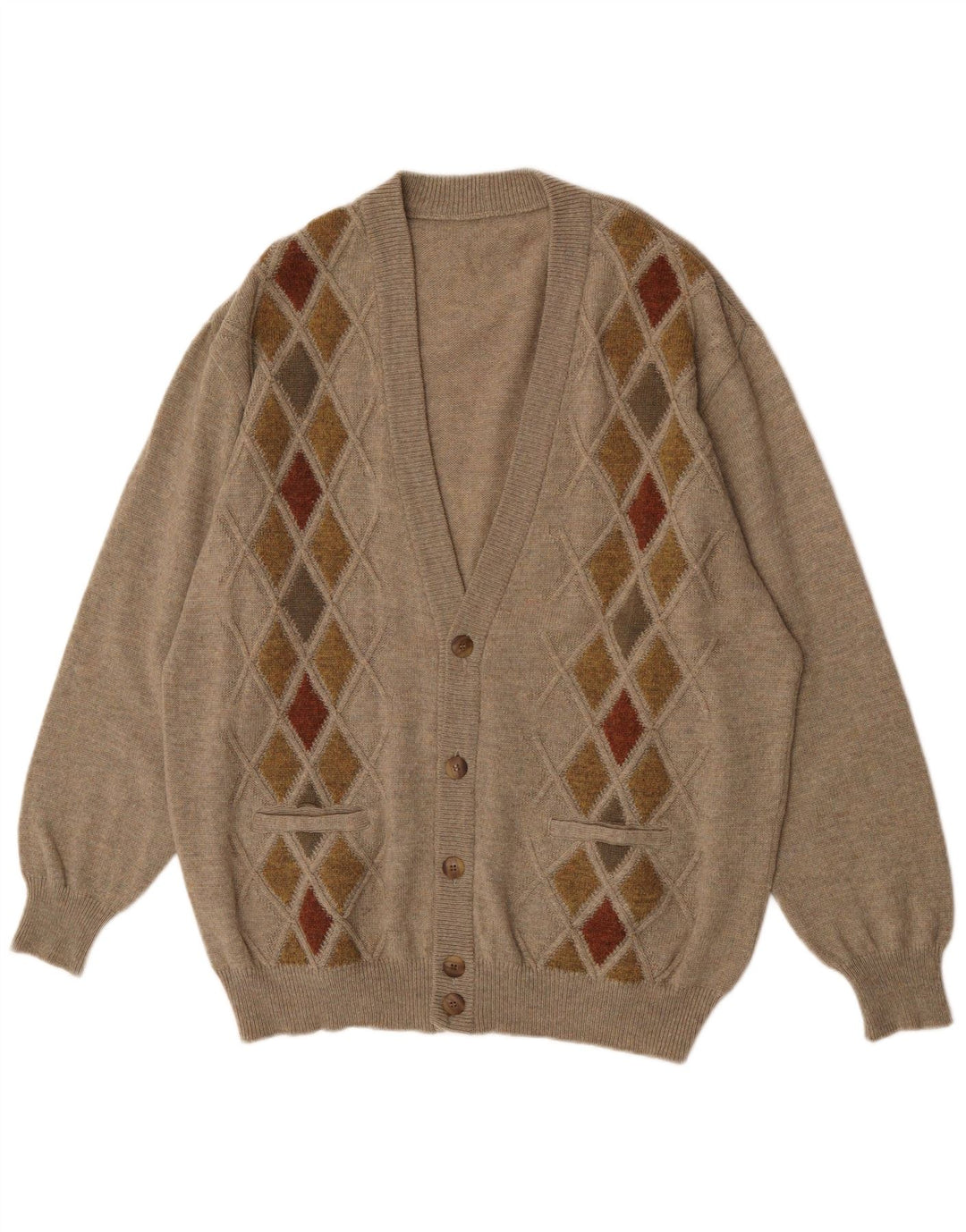 Maglione cardigan vintage da uomo XL marrone a rombi/diamante