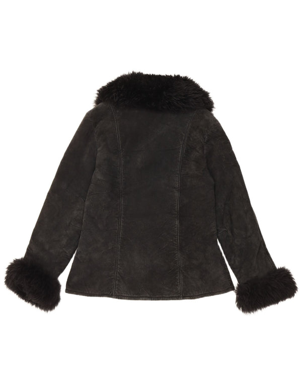 Giacca vintage in pelle scamosciata Sherpa da donna UK 10 piccola in pelle nera