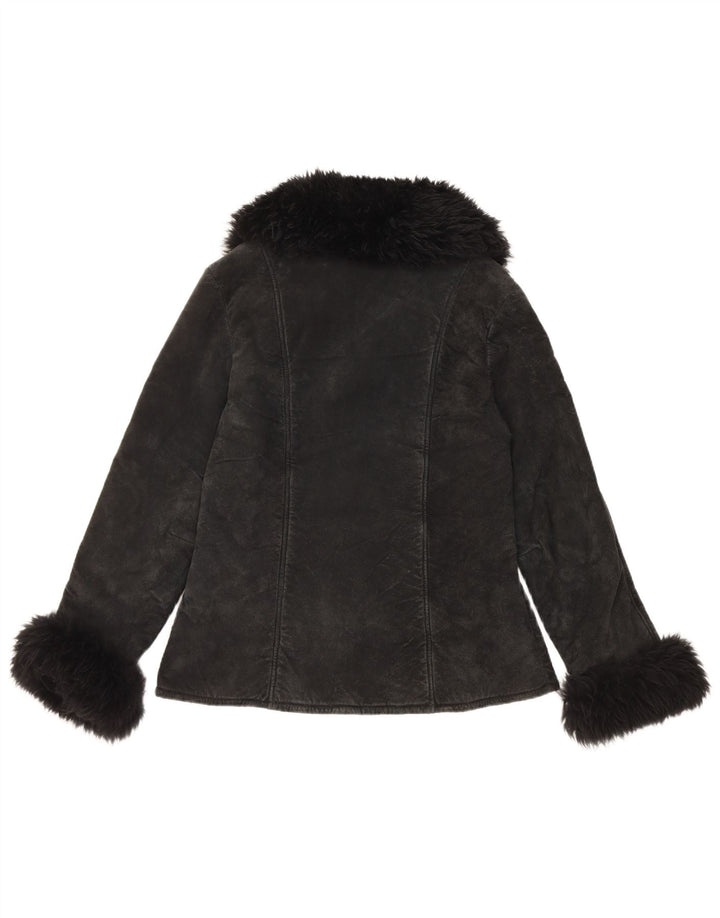 Giacca vintage in pelle scamosciata Sherpa da donna UK 10 piccola in pelle nera