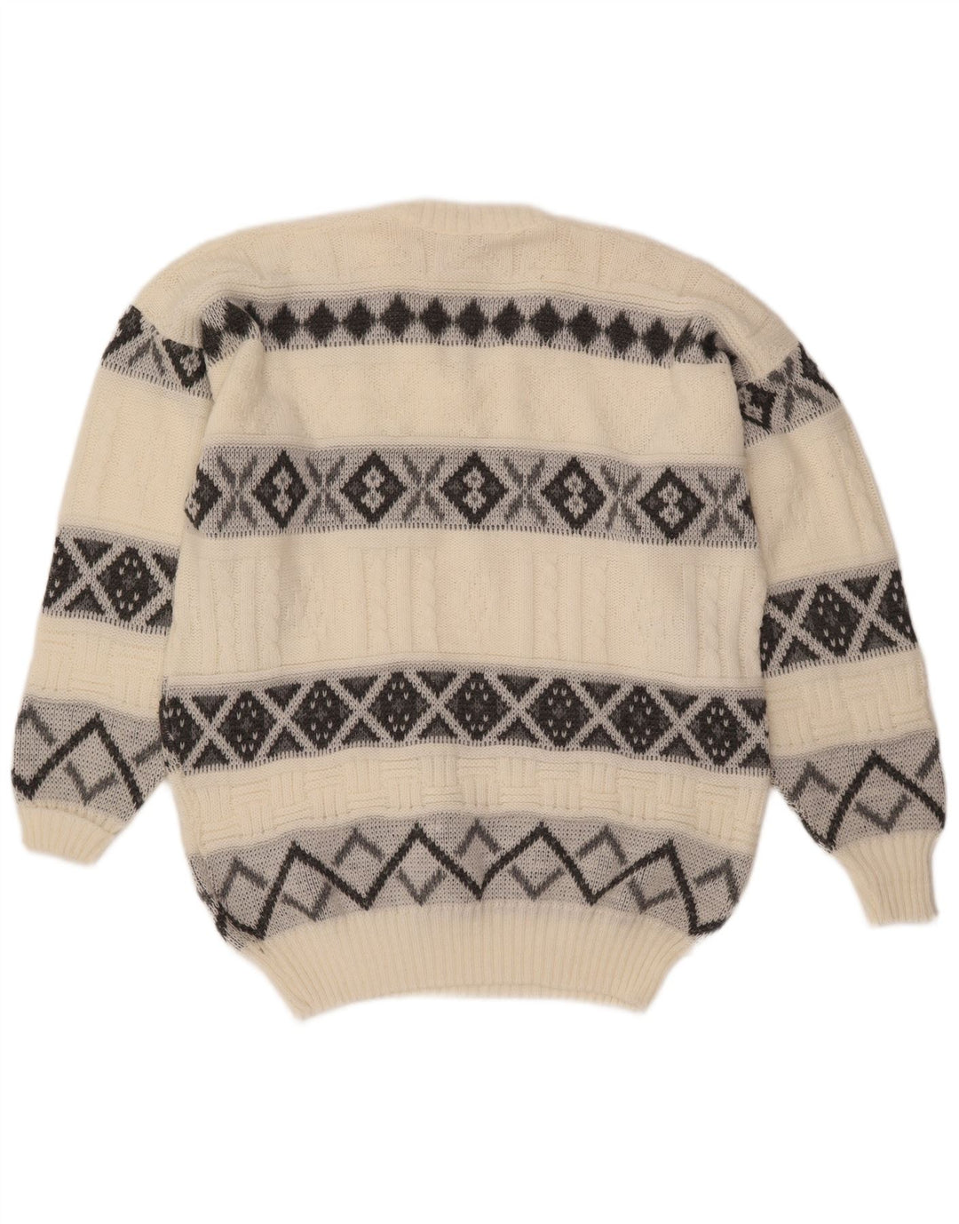 VINTAGE Maglione da uomo con scollo a V grande Fair Isle bianco sporco