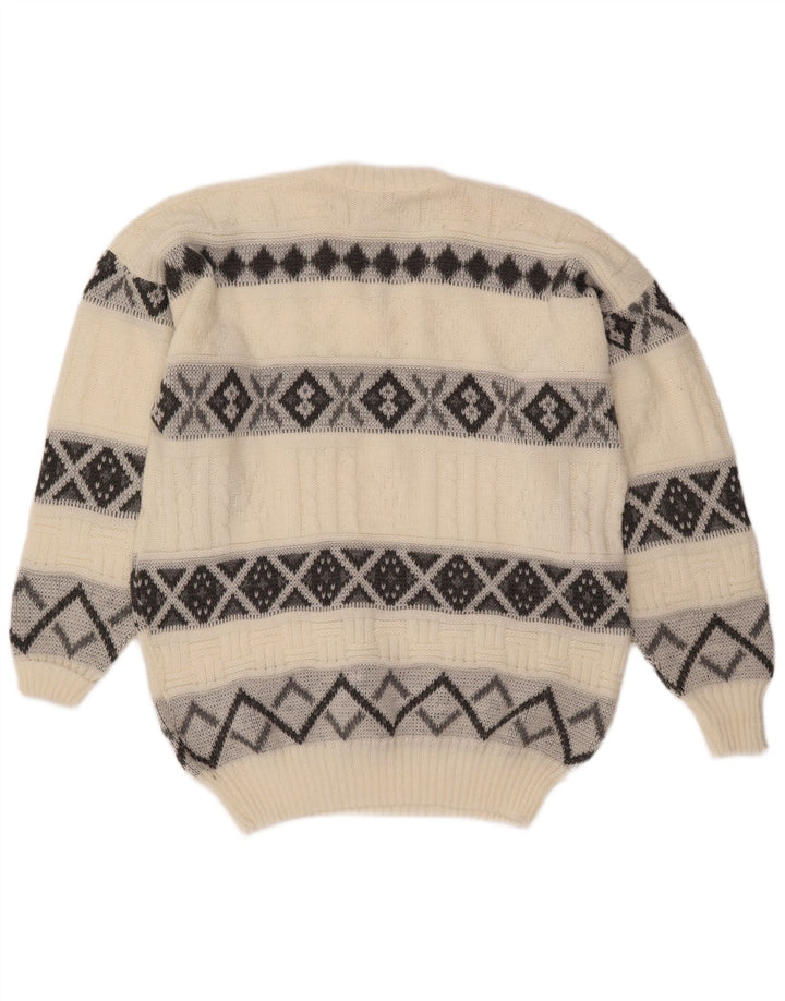 VINTAGE Maglione da uomo con scollo a V grande Fair Isle bianco sporco