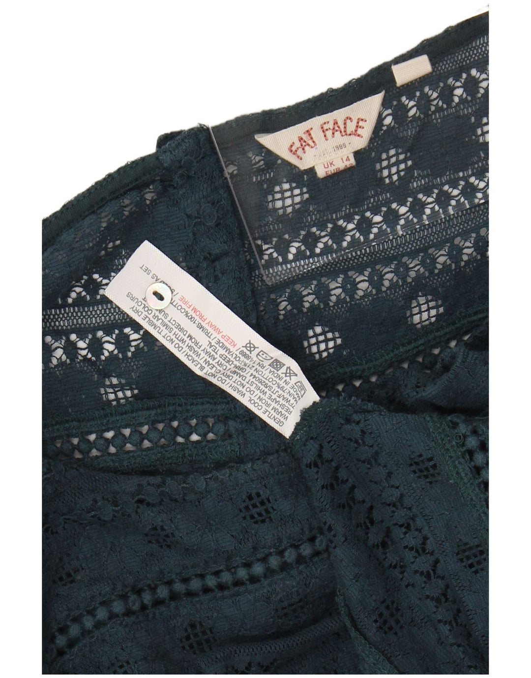 FAT FACE Camicetta da donna con maniche a 3/4 in pizzo UK 14 Grande cotone floreale verde