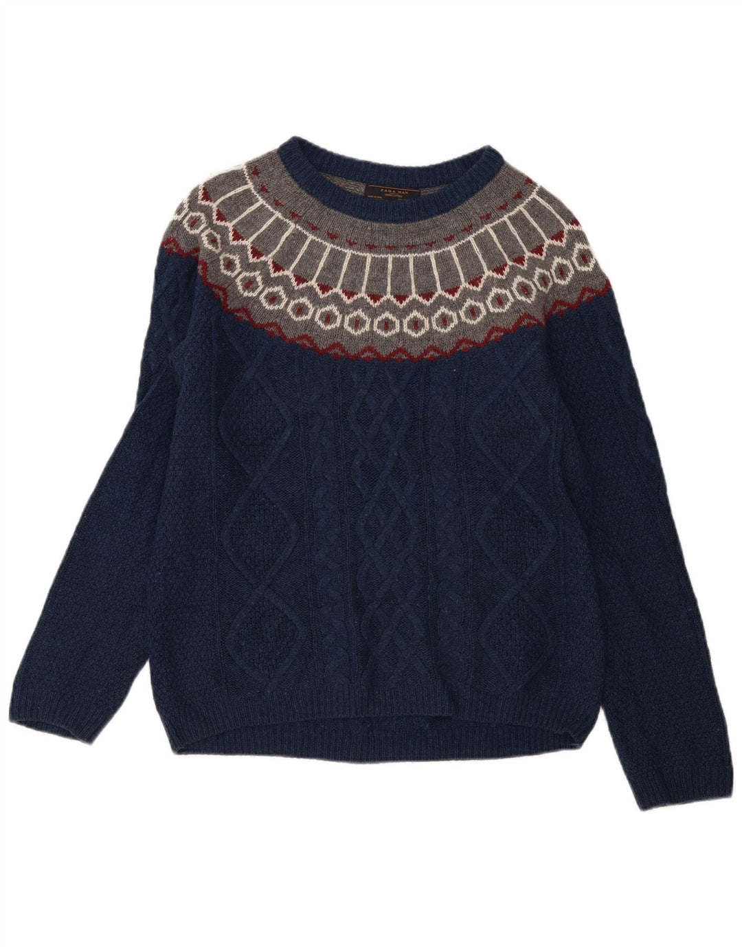 Maglione Zara da uomo con scollo a barca, blu navy medio, Fair Isle