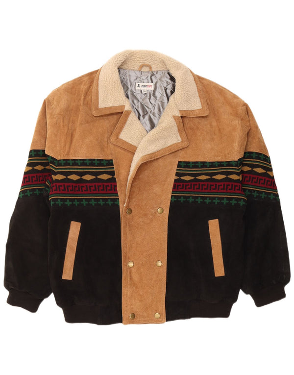 Giacca vintage in pelle scamosciata da uomo UK 44 2XL Pelle color block beige