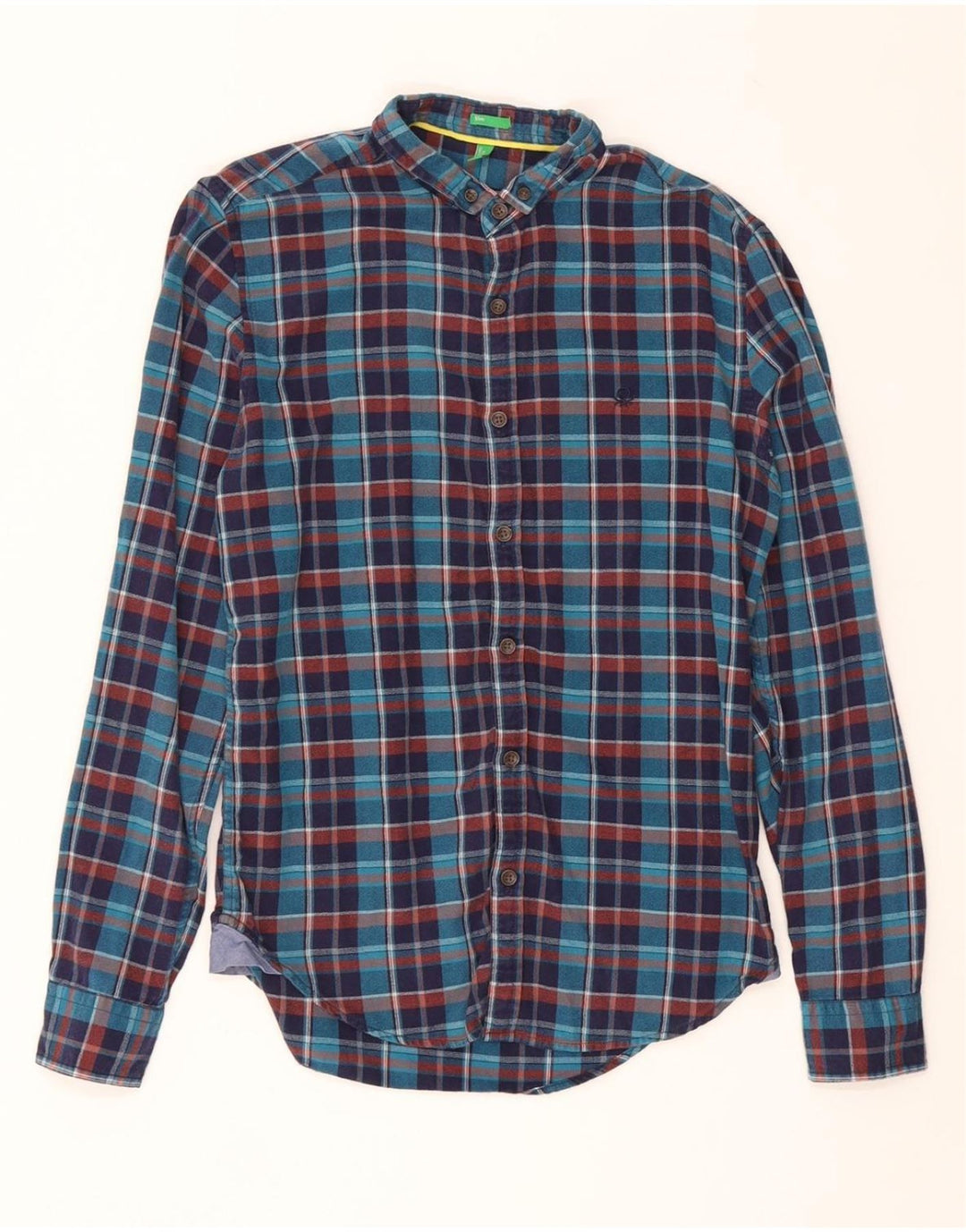 BENETTON Mens Slim Fit Flannel Shirt Medium Navy Blue Check Cotton