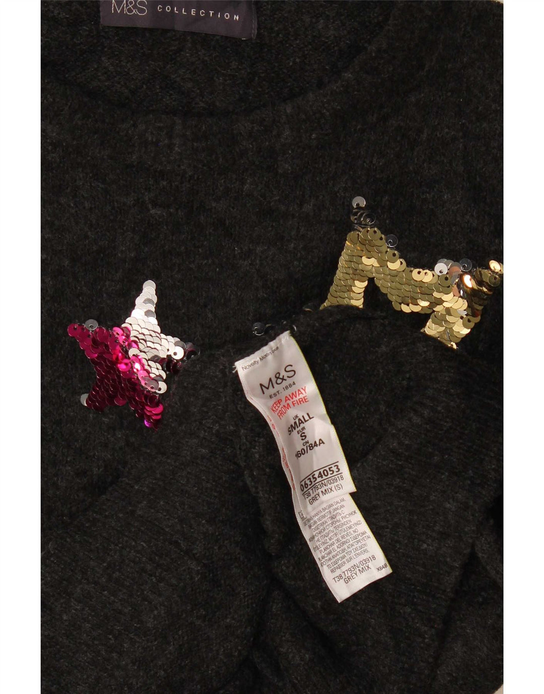Maglione da donna con scollo a barca con grafica Marks & Spencer UK 10 piccolo grigio