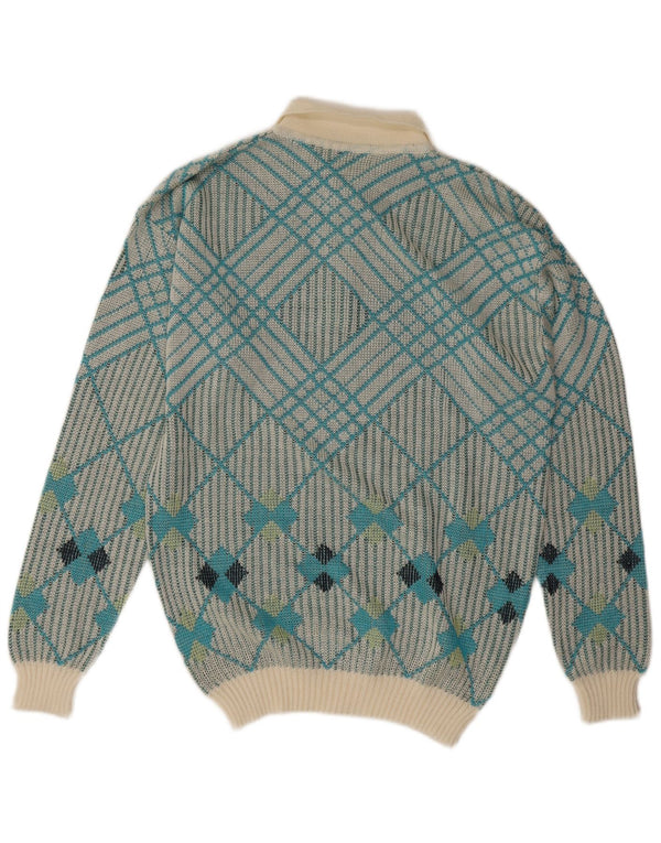 Maglione vintage da uomo con collo polo blu medio geometrico