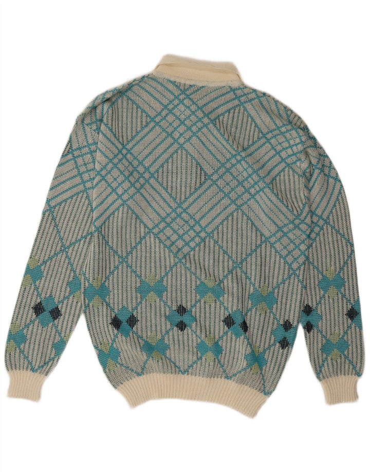 Maglione vintage da uomo con collo polo blu medio geometrico