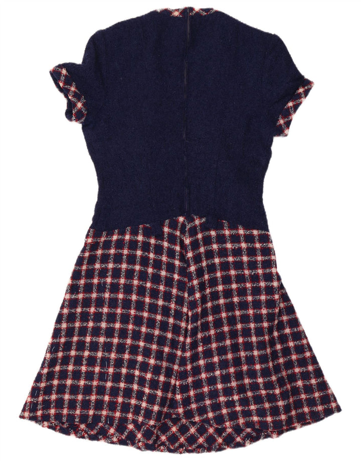 Abito a trapezio da donna VINTAGE UK 12 medio blu navy a quadri