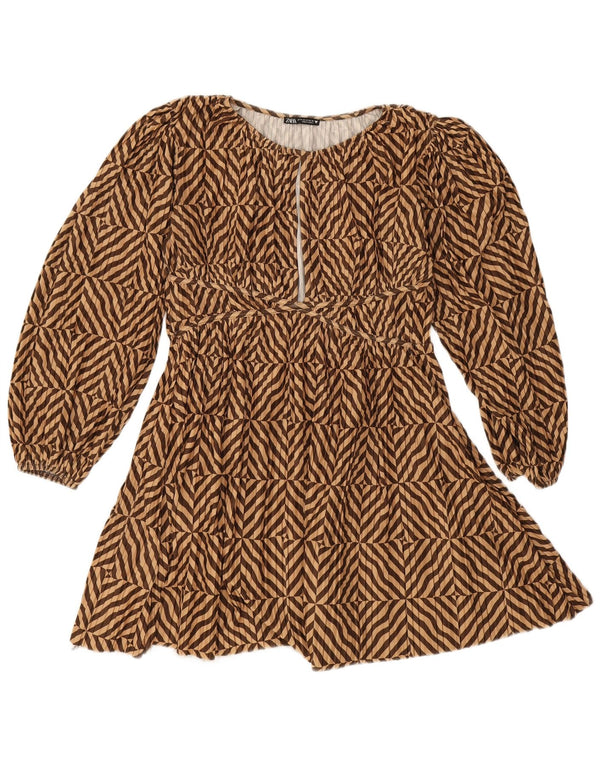 Abito a trapezio a maniche lunghe da donna Zara UK 14 Poliestere a righe marrone medio
