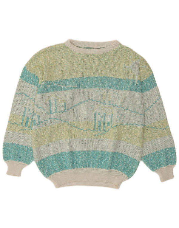 Maglione maglione con scollo a barca da donna VINTAGE UK 16 grandi strisce multicolori