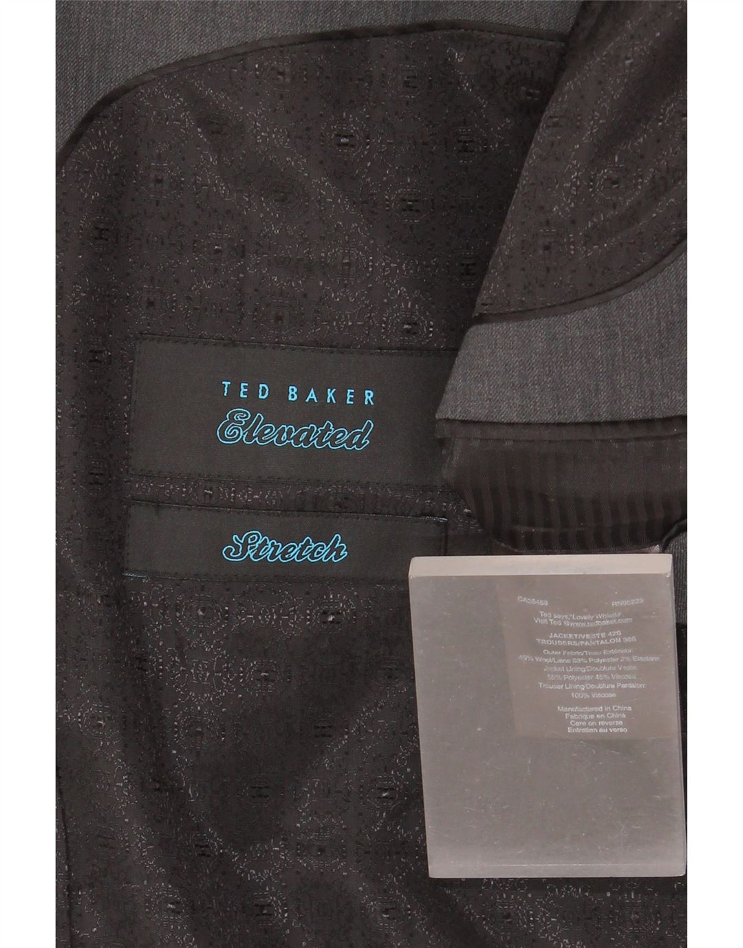 Abito da uomo in 2 pezzi elasticizzato a 2 bottoni Ted Baker UK 42 XL W36 L30 Lana grigia