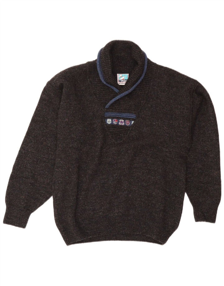 Maglione vintage da uomo con collo a scialle in lana blu navy media