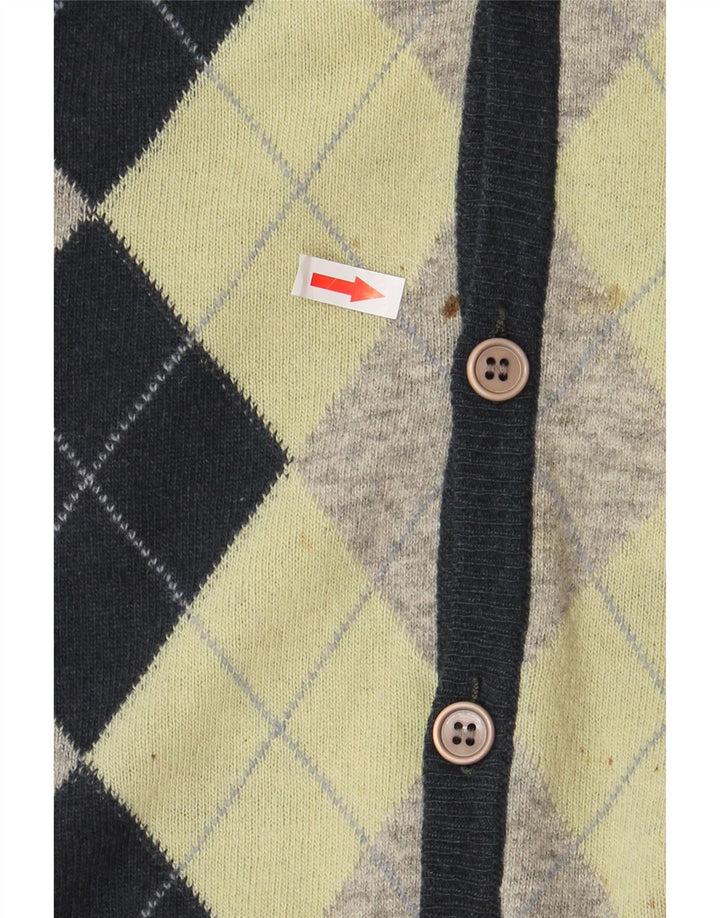 Maglione cardigan da uomo VINTAGE grande blu navy argyle/diamante lana d'agnello