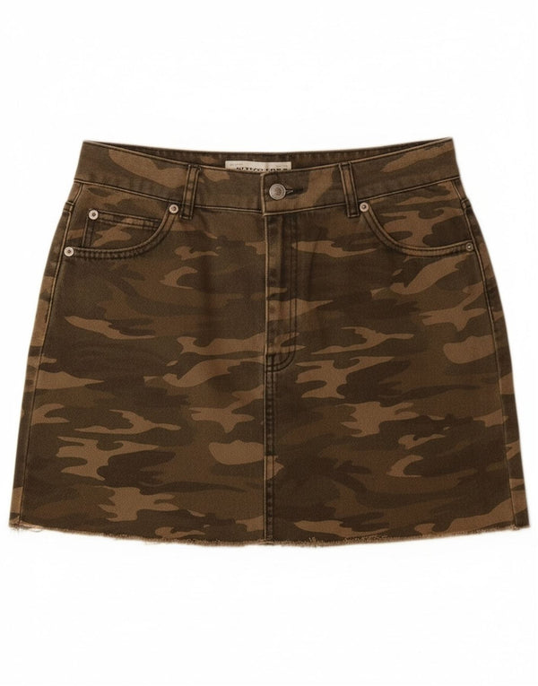 Mini gonna in denim da donna Zara UK 10 piccola W28 cotone mimetico kaki