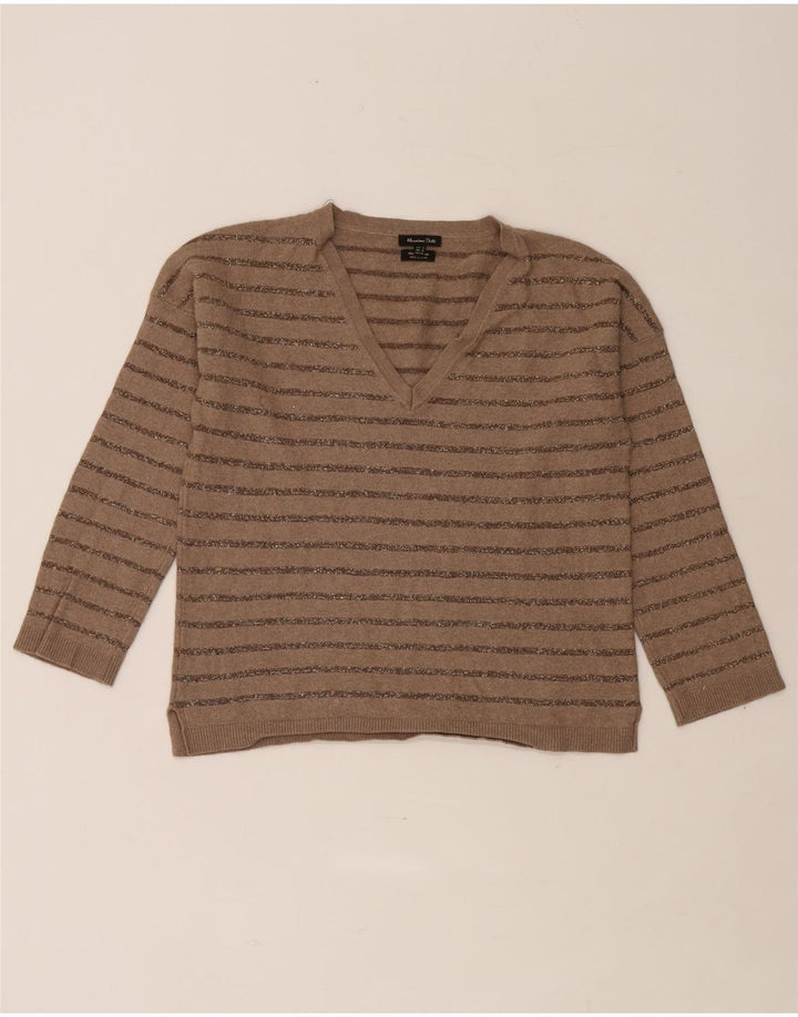 Maglione maglione da donna con scollo a V Massimo Dutti UK 10 piccolo a righe marroni