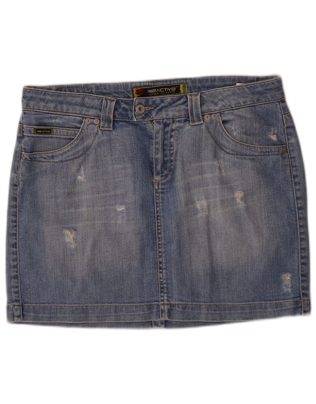 Mini gonna di jeans vintage invecchiata da donna W31 in cotone blu medio