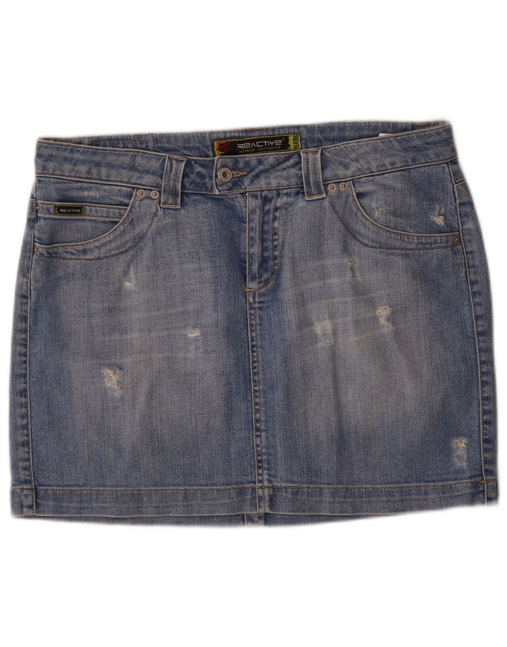Mini gonna di jeans vintage invecchiata da donna W31 in cotone blu medio