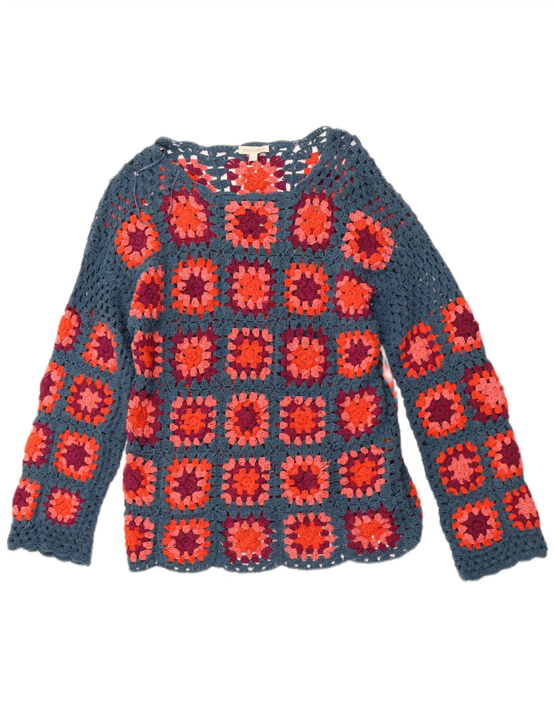 MONSOON Maglione da donna con scollo a barca all'uncinetto UK 10 piccolo quadretto blu