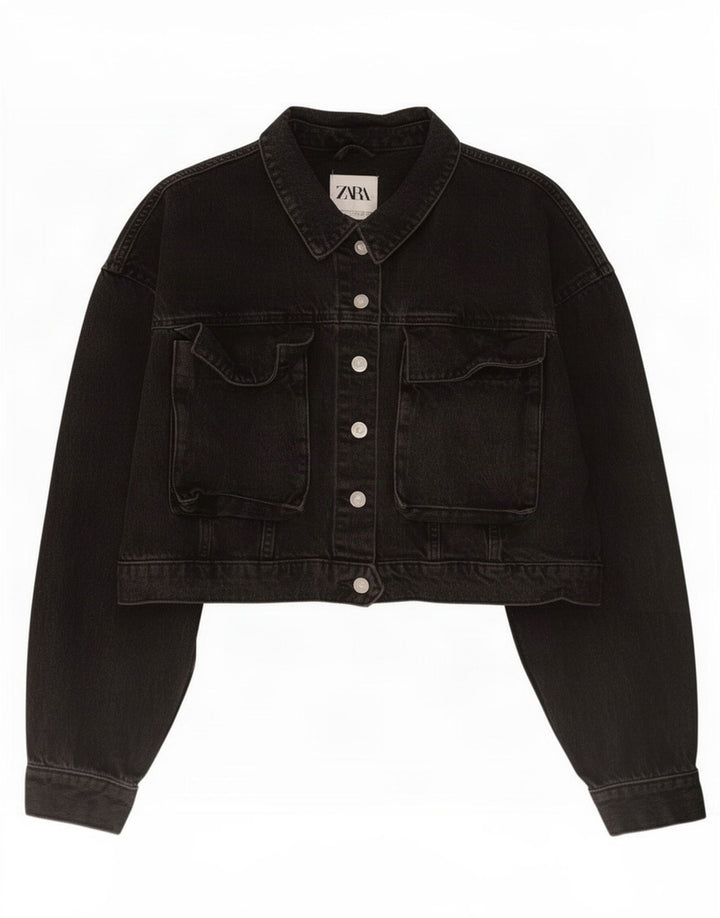 Giacca corta in denim da donna Zara UK 16 grande cotone nero